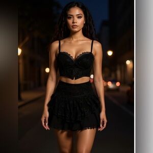 NWT sister party Black Lace Crop Top and Skirt Set